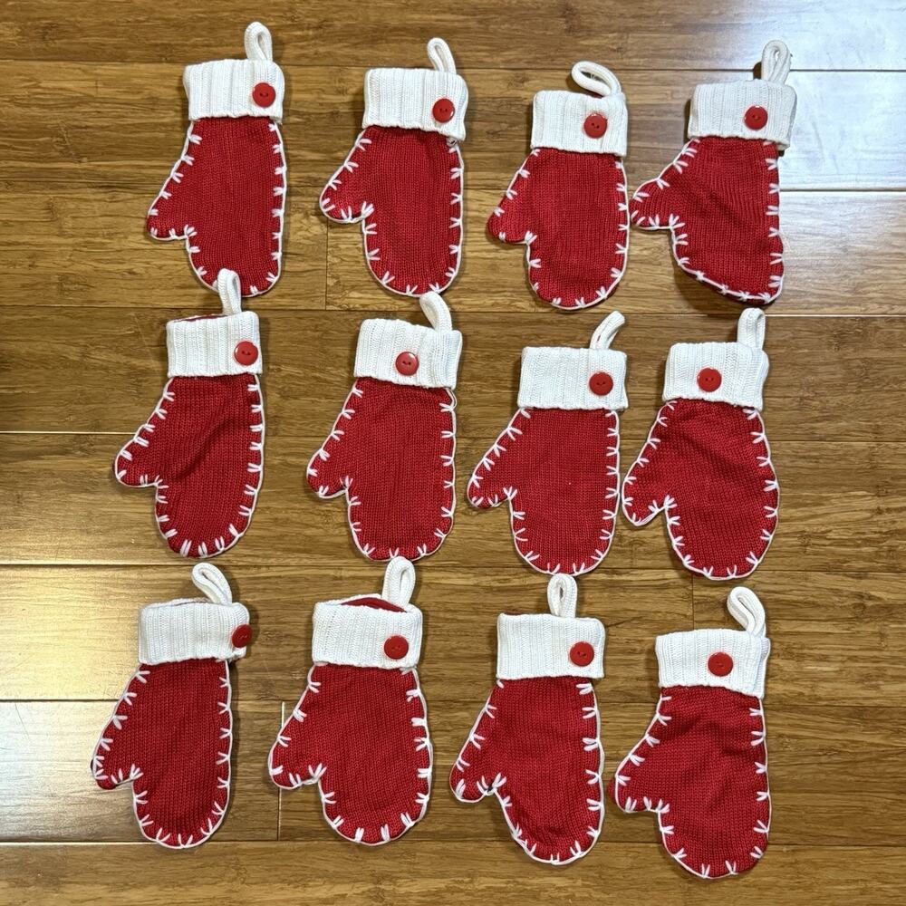 Vintage Set Of 12 Handmade Knit 8” Red White Mitten Stockings